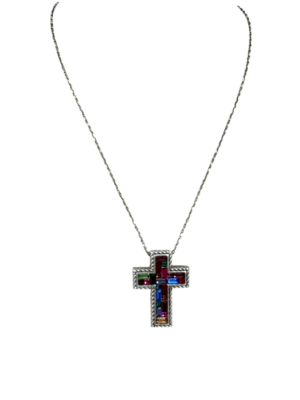 Brighton St. Michel Cross Necklace silver tone multi-color stones crystals - Picture 5 of 5